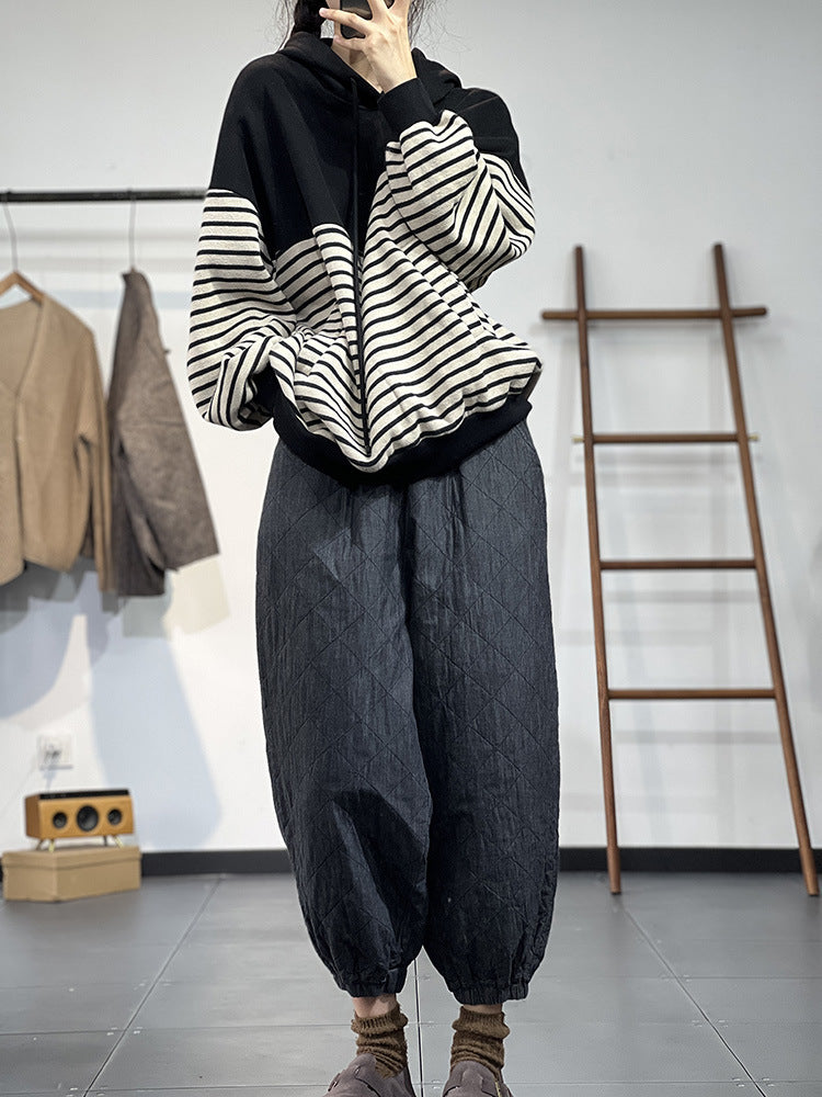 Contrast Stripe Fleece Drawstring Hooded Sweatshirt