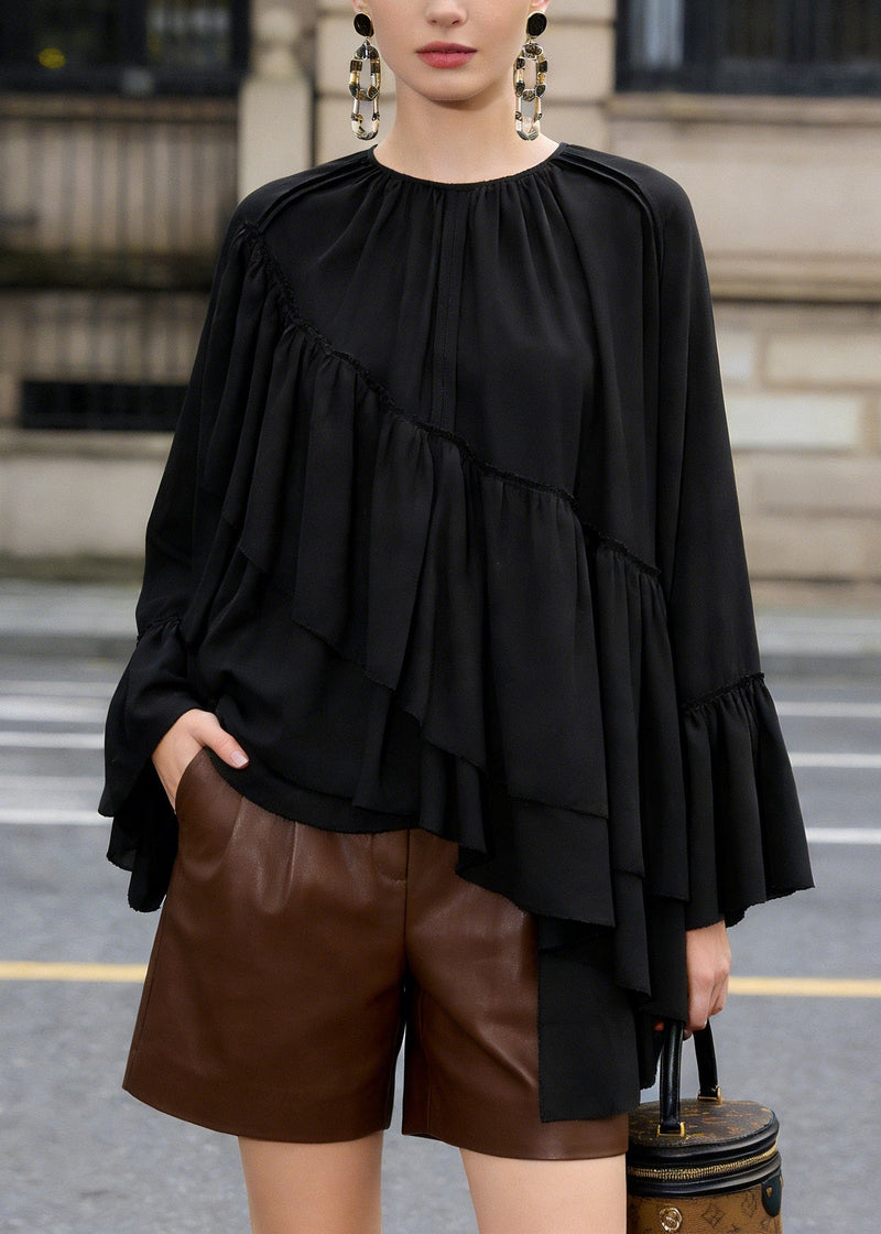Loose Black Ruffled Asymmetrical Patchwork Chiffon Top Spring