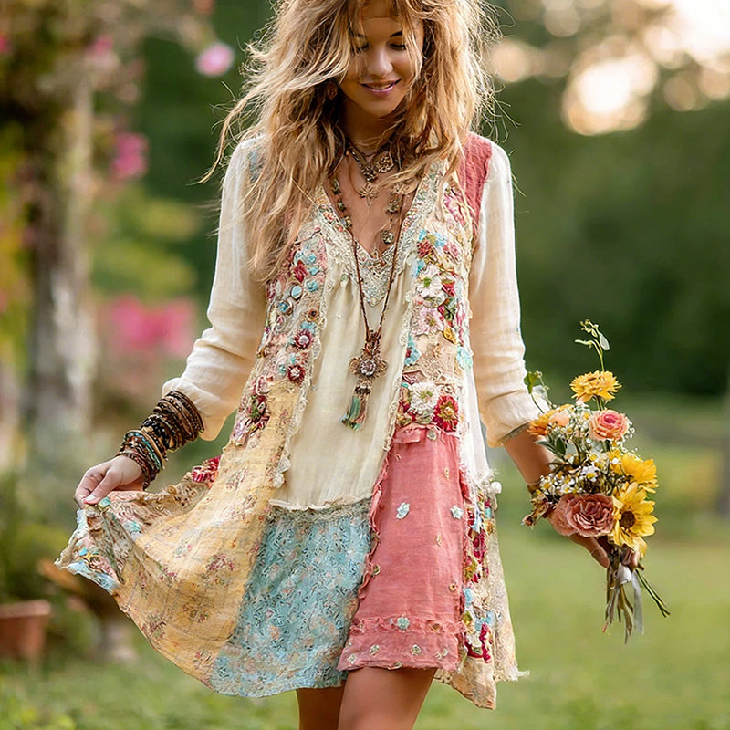 Women's Retro Bohemian Floral Casual V-neck Long Sleeve Dress elevenforest