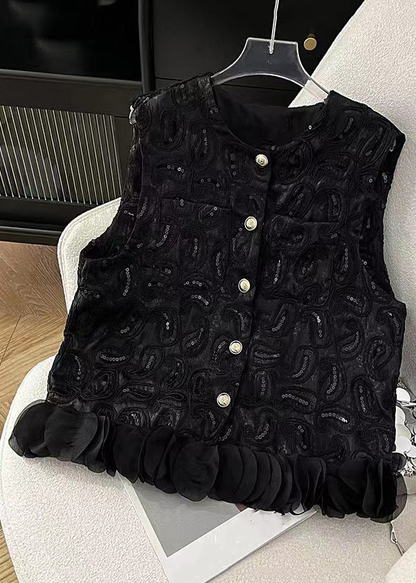 Black Sequins Waistcoat Tops and Skirts Two Pieces Set Sleeveless