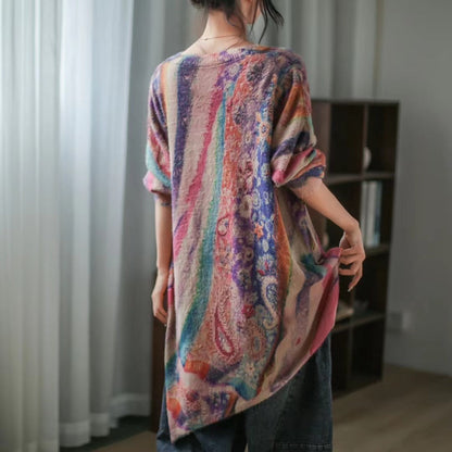 Retro Literary Print Mid-length Irregular Knitted Sweater