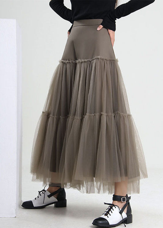 Handmade Grey Green Patchwork Tulle Pleated Skirt Spring
