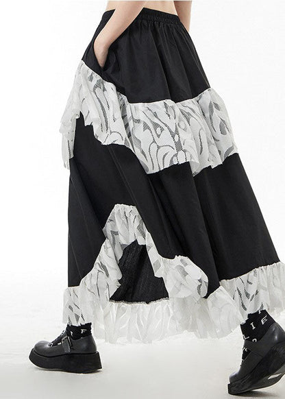 Black Elastic Waist Lace Patchwork Skirts Spring