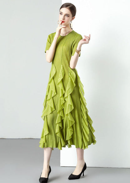 Loose Green O-neck Ruffled Patchwork Chiffon Long Dresses Summer