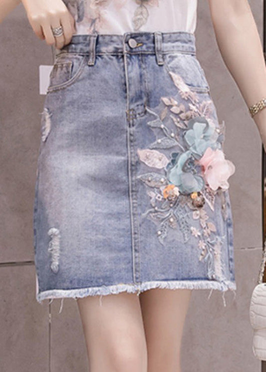 Stylish Blue Patchwork High Waist Nail Bead Denim Skirt
