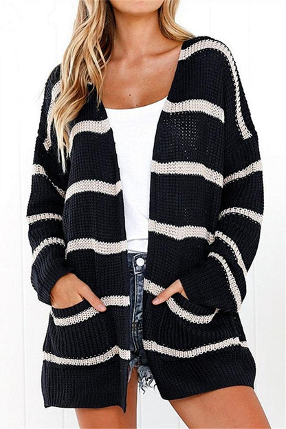 V Neck Striped Pocket Cardigan