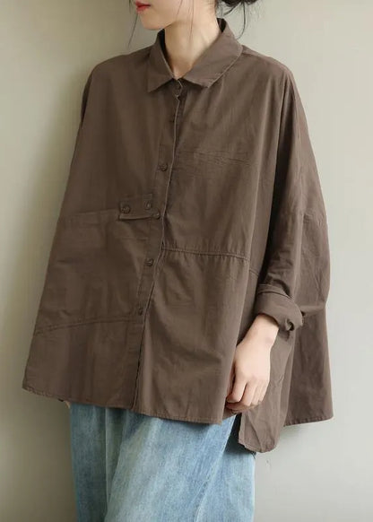 Diy Lapel Patchwork Shirts Work Outfits Chocolate Top