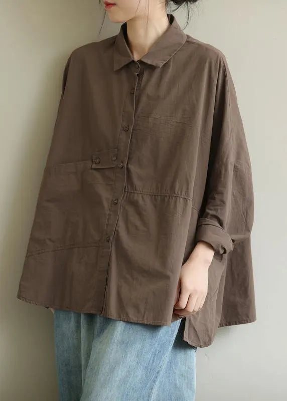 Diy Lapel Patchwork Shirts Work Outfits Chocolate Top