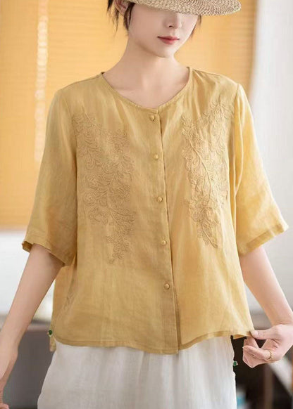 Grey Embroidered Linen Tops Half Sleeve