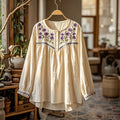 Women's Purple Flowers Embroidery Vintage Linen Long Sleeve Shirt elevenforest