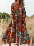 Women's Folk Art Floral Print Flowy Crew Neck Cotton Pocket Dress