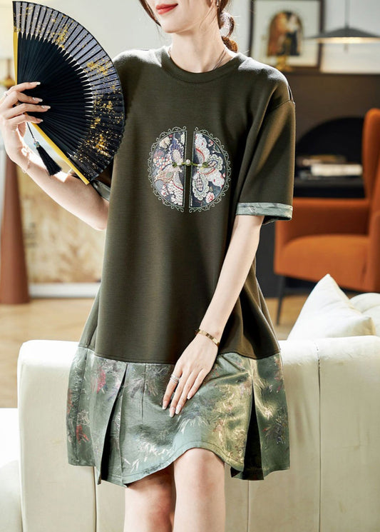 Boutique Blackish Green O Neck Jacquard Patchwork Cotton Dress Summer