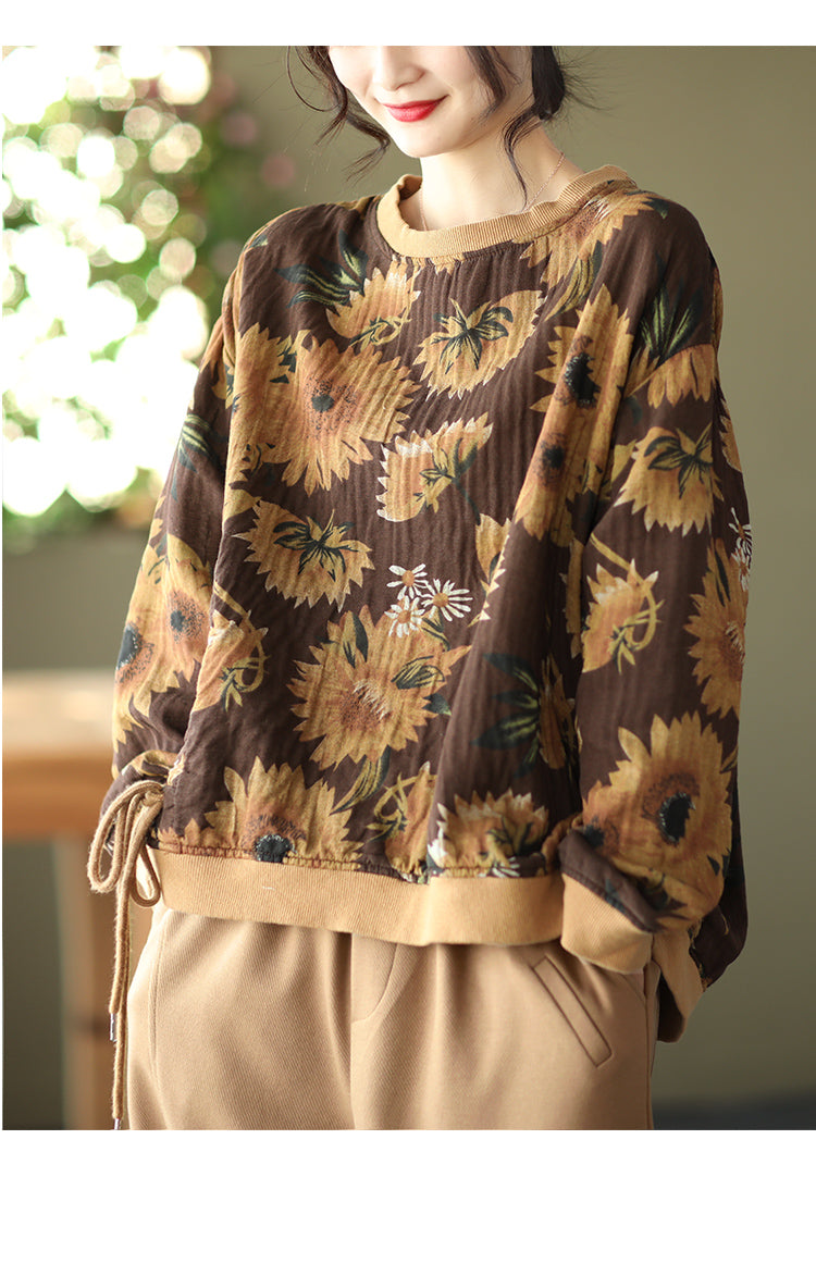 Large Size Slim Round Neck Printed Retro Loose Sweater