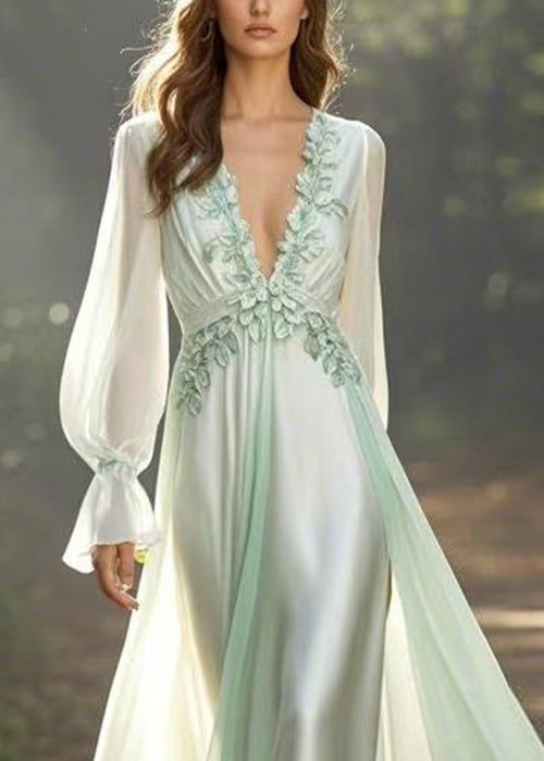 Light Green V Neck Front Open Chiffon Long Dress Spring