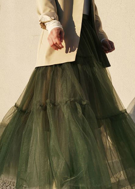 Simple Green Cinched High Waist Tulle Skirts Spring
