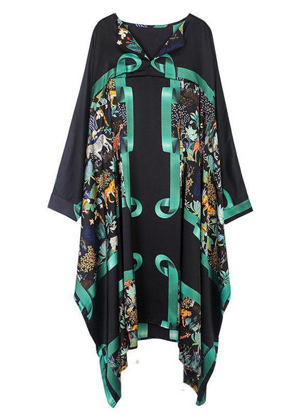 Black Green V Neck Print Fall Long Dresses