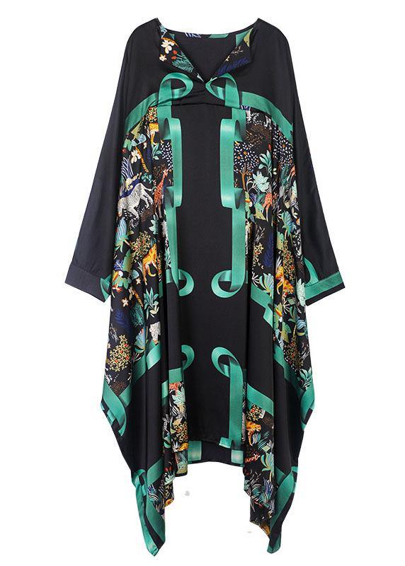 Black Green V Neck Print Fall Long Dresses