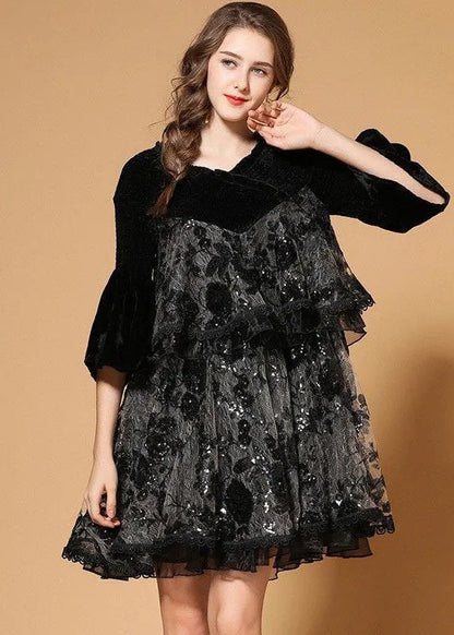 Black Patchwork Silk Velour Holiday Dress Sequins Nail Bead Half Sleeve