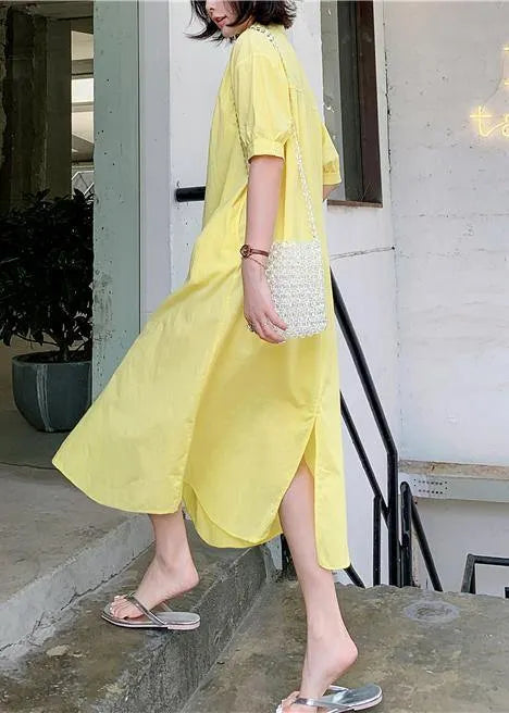 100% Yellow Lapel Collar Cotton Quilting Dresses Lapel Collar Loose Dress
