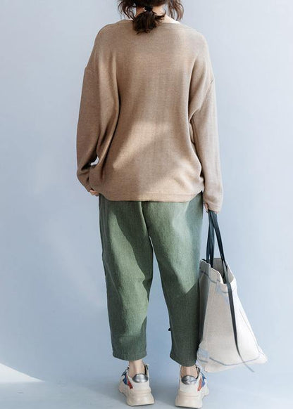 Chunky O Neck Khaki Knit Sweat Tops Fall Drawstring Knit