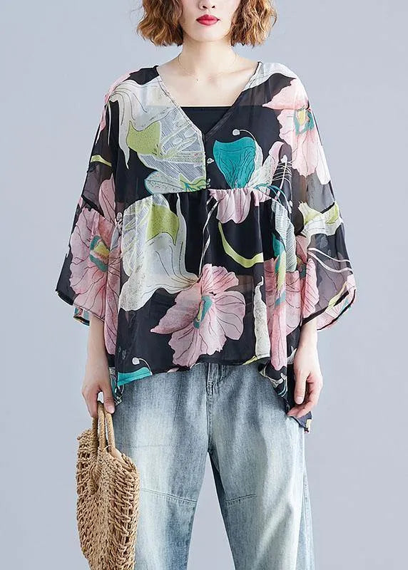 Organic Print Tops O Neck Petal Sleeve Tunic Blouse