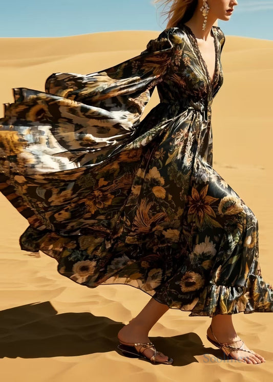 Black Print Exra Large Hem Silk Holiday Dresses Spring