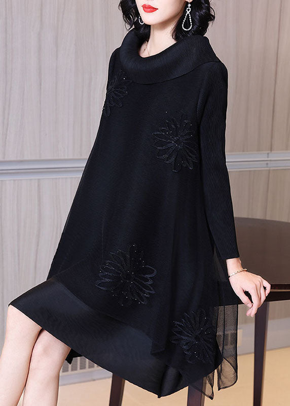 Rose Asymmetrical Patchwork Nail Bead Tulle Vacation Long Dresses Long Sleeve