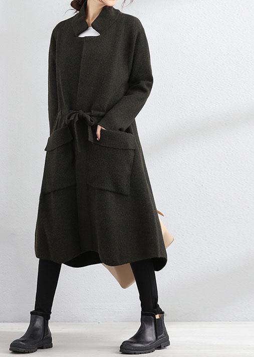 Fine Fall Coat Army Green Square Collar Tie Waist Woolen Coats