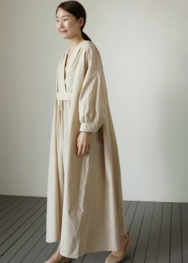 Beige V Neck Wrinkled Cotton Dress Long Sleeve