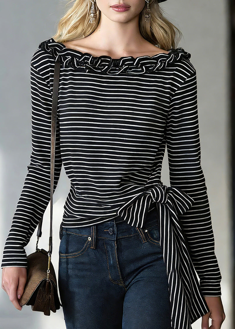Black Striped Tie Waist T Shirts Spring