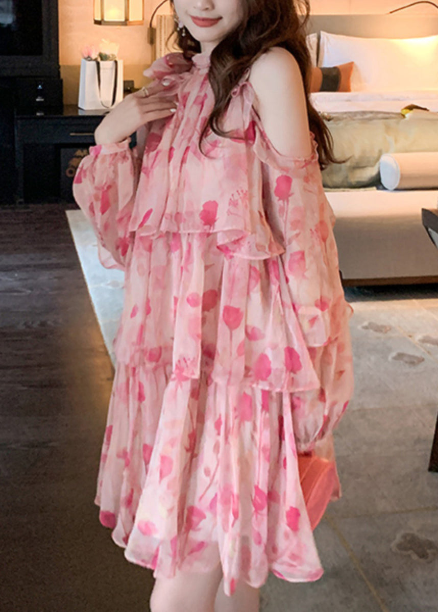 Pink Cold Shoulder Print Chiffon Mid Dress Summer