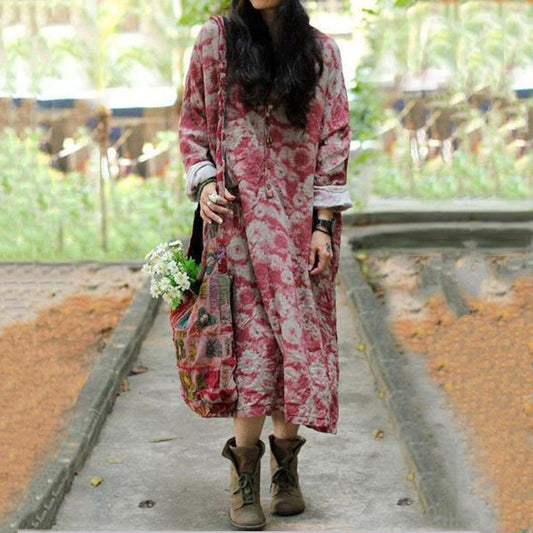 Cotton Linen Loose Fitting Dress Red / Blue