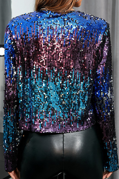 Street Patchwork Sequins Cardigan Collar Outerwear