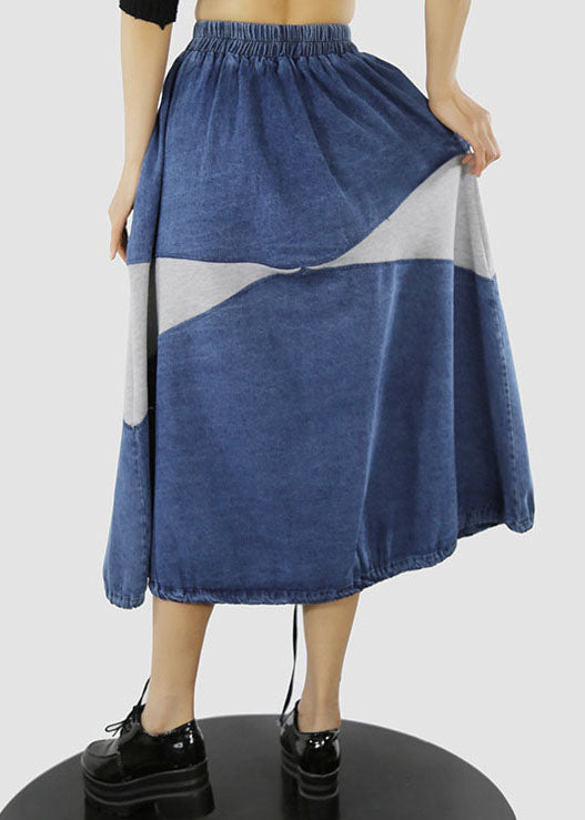 Blue White Elastic Waist Drawstring Patchwork Denim Skirt