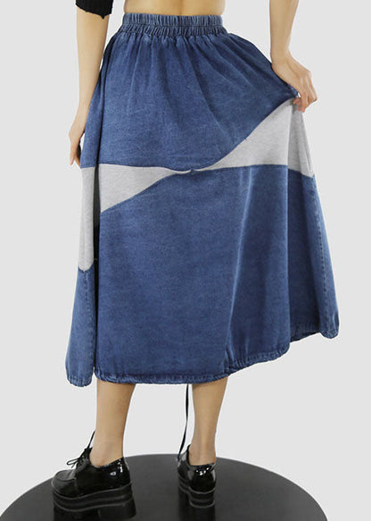 Blue White Elastic Waist Drawstring Patchwork Denim Skirt