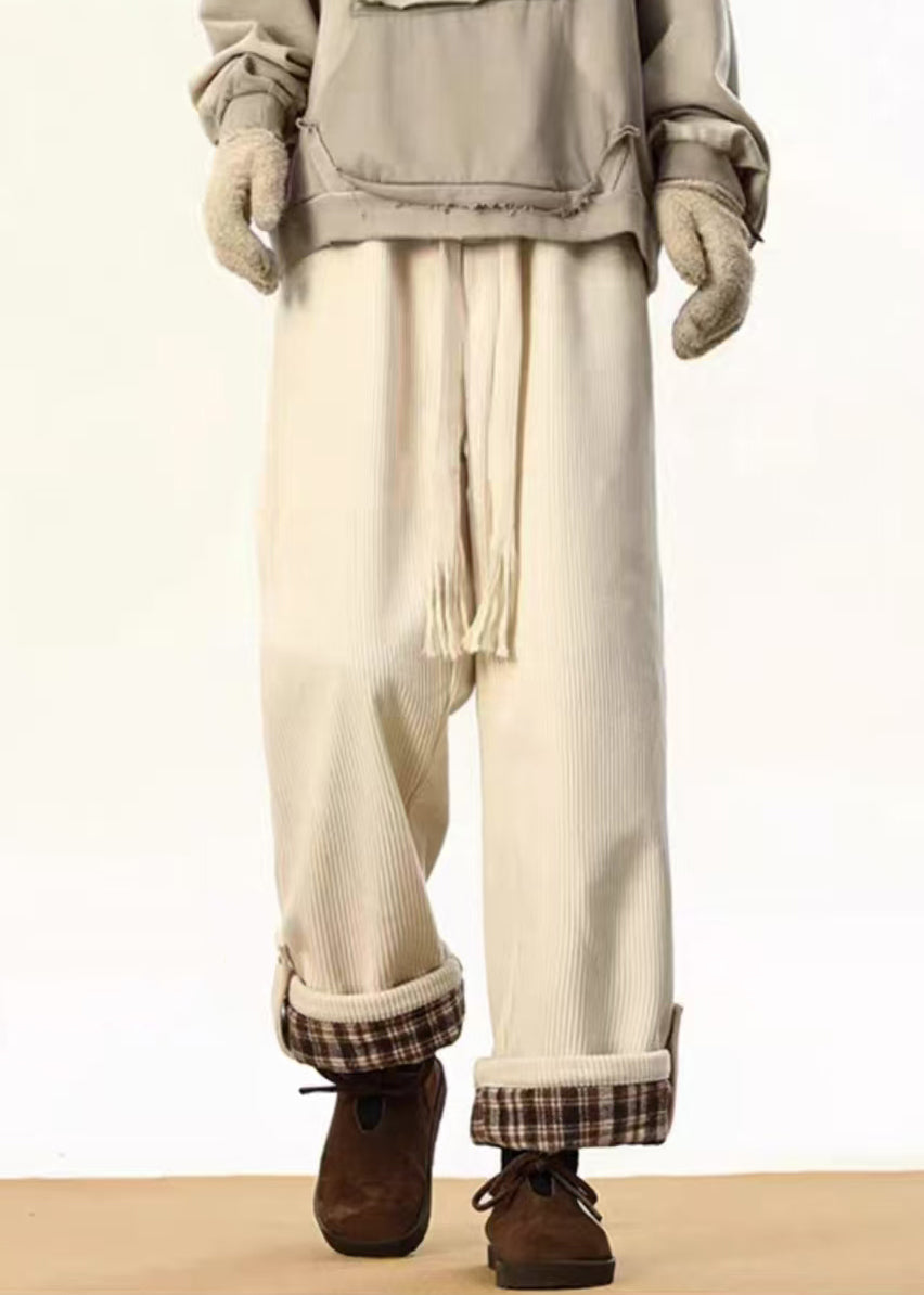 Stylish White Plaid Lace Up Warm Fleece Corduroy Pants Winter