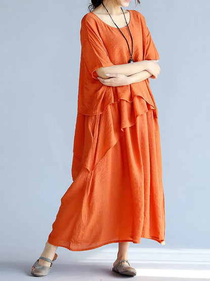 Baggy Gray Long Linen Dresses Oversized Layered Cotton Maxi Dress Short Sleeve Cotton Clothing