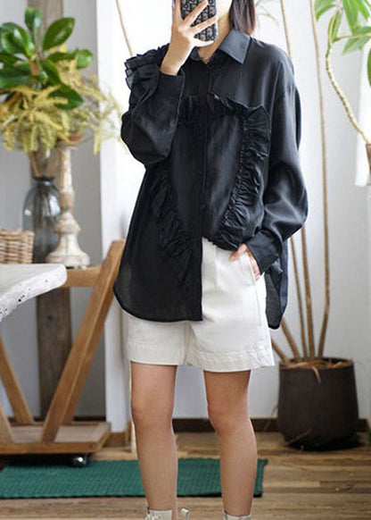 Black Peter Pan Collar Ruffled Patchwork Cotton Shirt Tops Fall