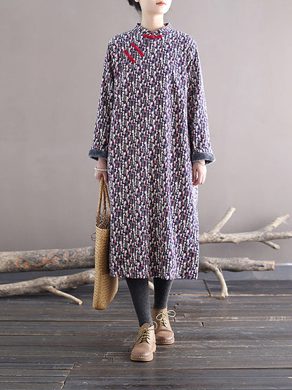 Winter Chinese Print Frog Thick Long Dress