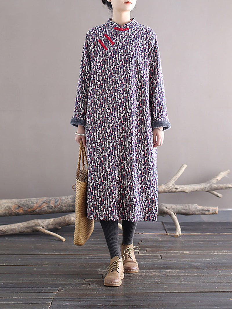 Winter Chinese Print Frog Thick Long Dress