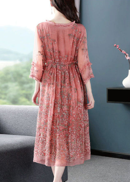 Style Pink O-neck Cinched Embroidered Silk Maxi Dress Bracelet Sleeve