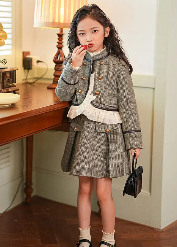Grey Ruffled Patchwork Button Thick Kids Coat and Skirts Two Piece Set Spring