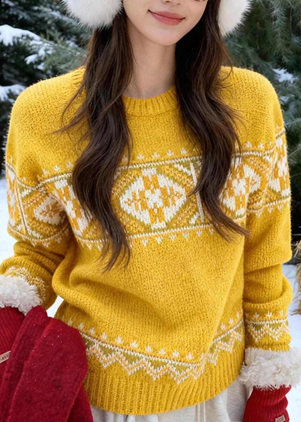 Yellow Cozy Thick Print Cotton Knit Sweaters Fall