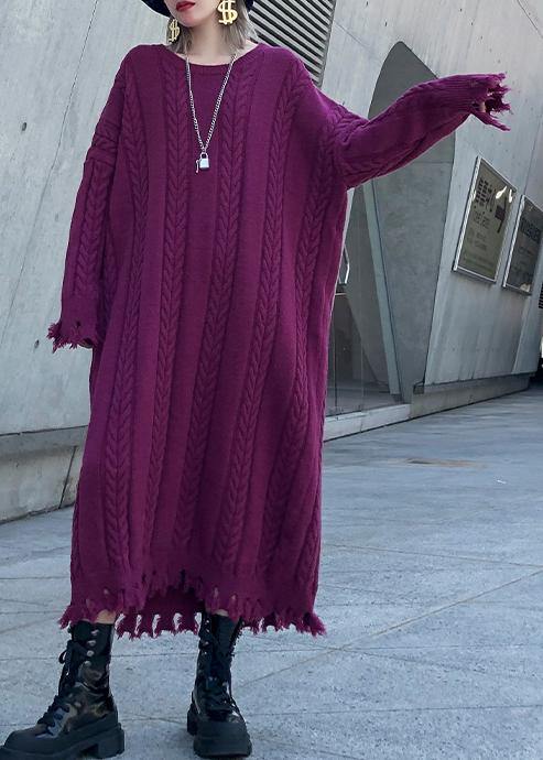 Chunky O Neck Tassel Sweater Dress Outfit Moda Purple Ugly Sweater Dresses