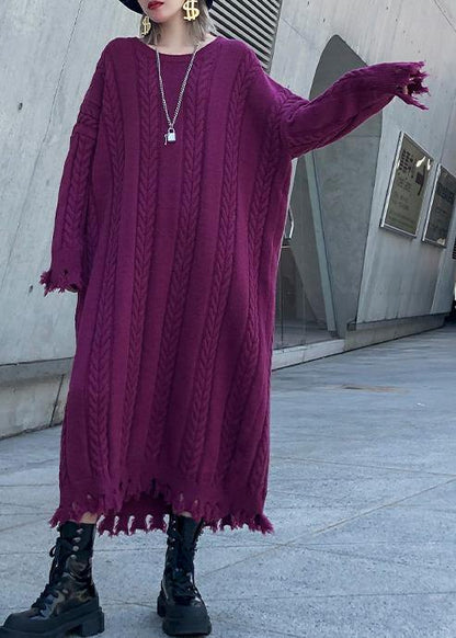 Chunky O Neck Tassel Sweater Dress Outfit Moda Purple Ugly Sweater Dresses