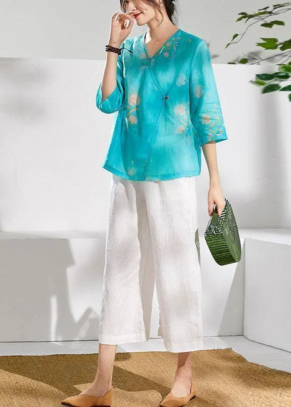 Simple Green Print Linen Clothes V Neck Summer Blouses