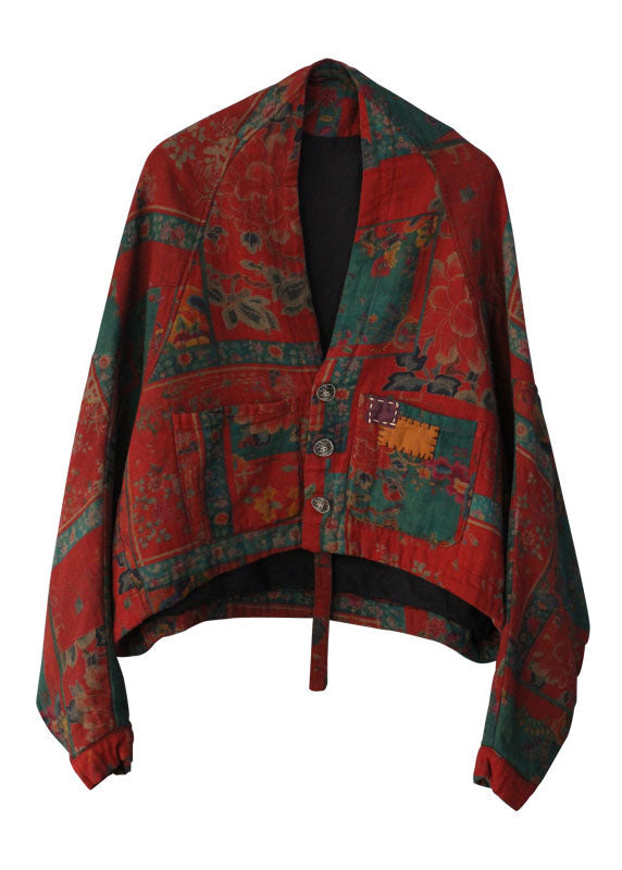 French Red Bat Wing Sleeve Print Low High Design Coat Winter