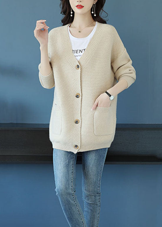 Beige V Neck Pockets Patchwork Cashmere Loose Coat Fall