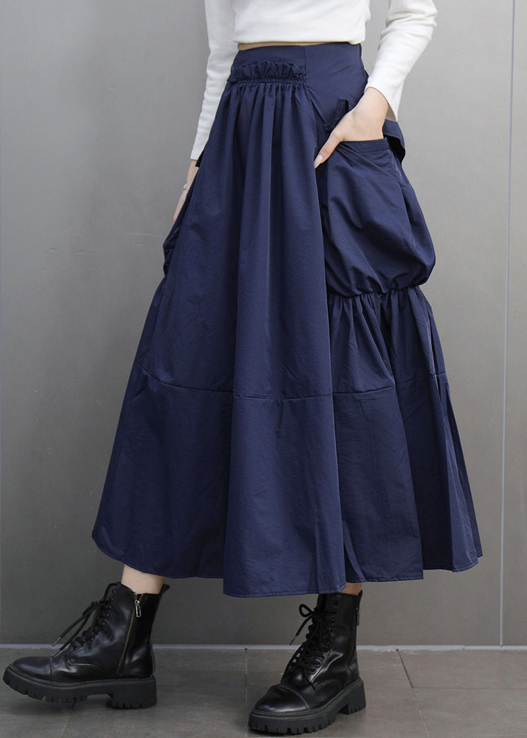 Modern Navy Asymmetrical Pockets Patchwork Elastic Waist a Line Skirts Spring