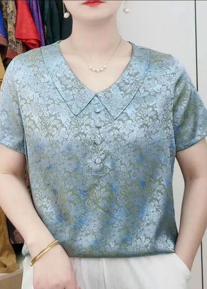 Green Peter Pan Collar Print Patchwork Silk T Shirt Summer